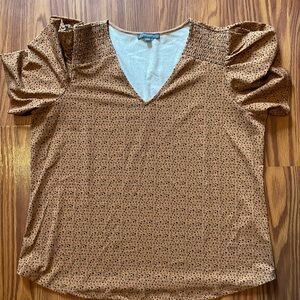 Adrianna Papell Brown Tan Ruffled Short Sleeve Blouse